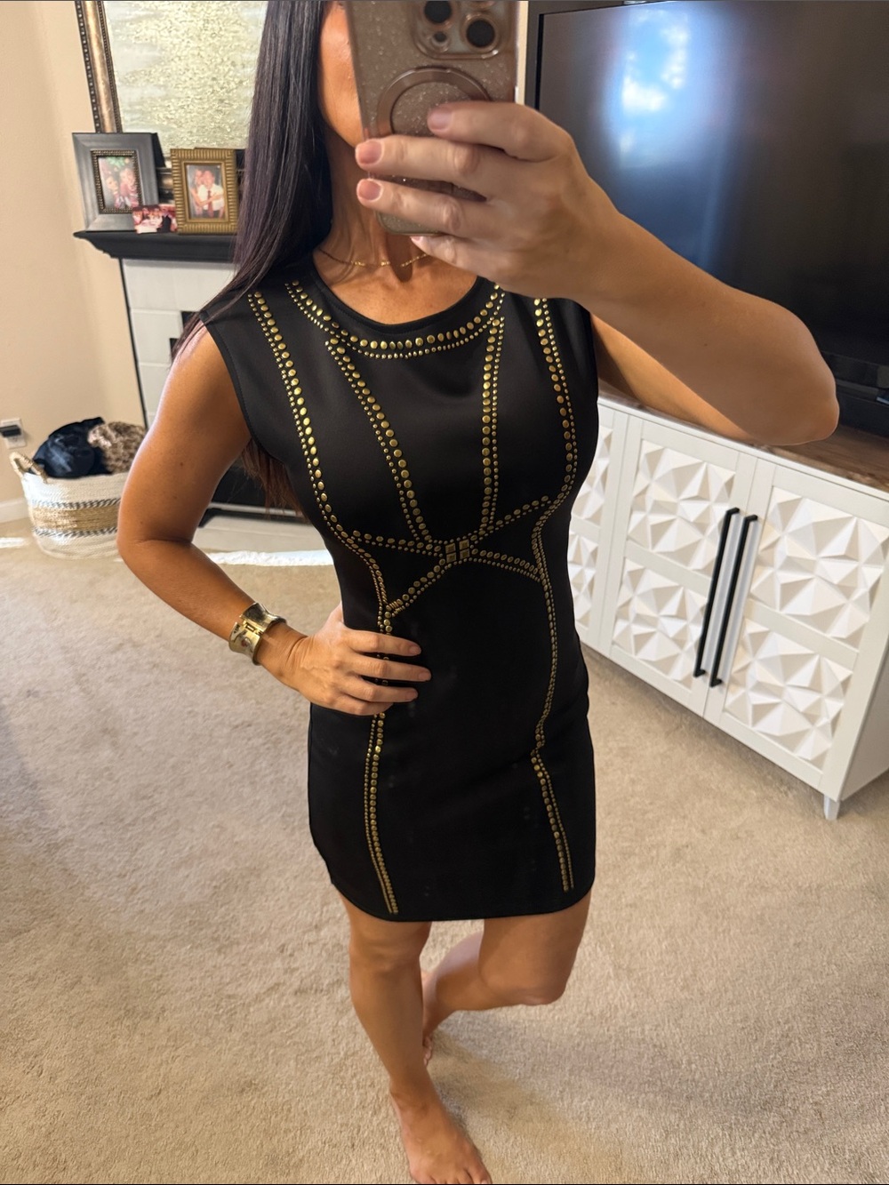 Black Studded Bodycon Cocktail Dress With Gold Studded Accents - Medium